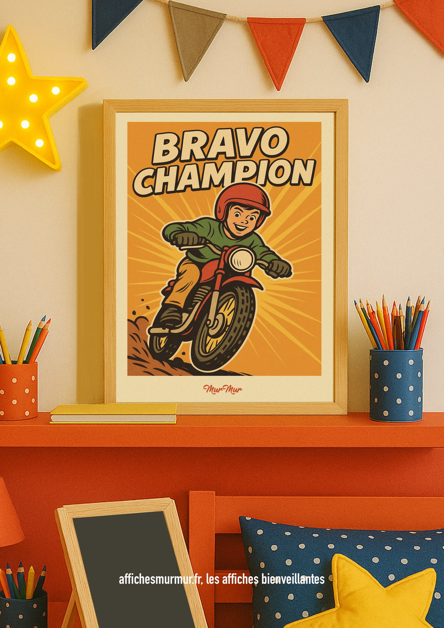 Affiche “Bravo Champion” – Moto en pleine action !