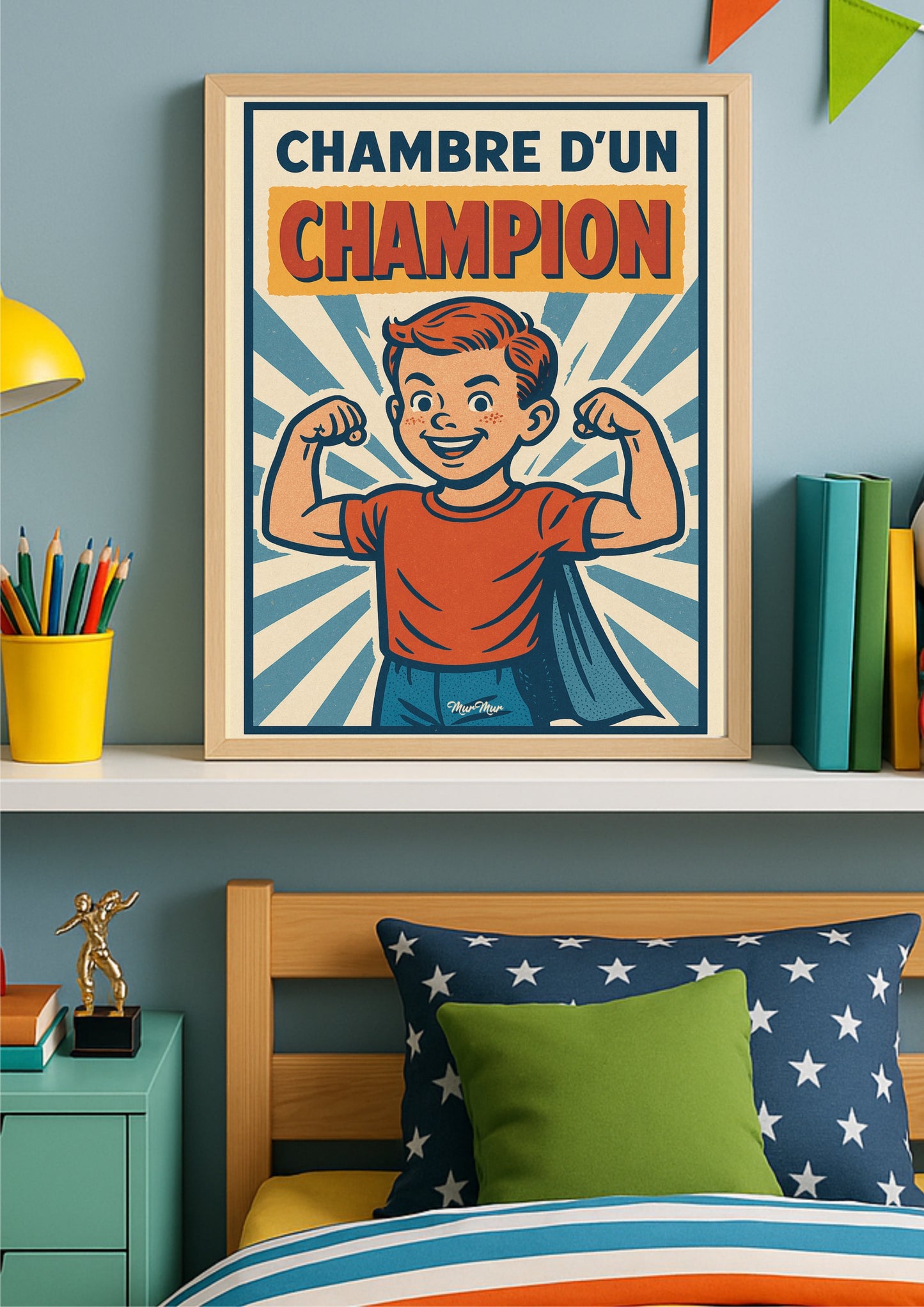 Affiche Vintage Chambre d’Enfant – ‘Chambre d’un Champion’ Style BD Années 50