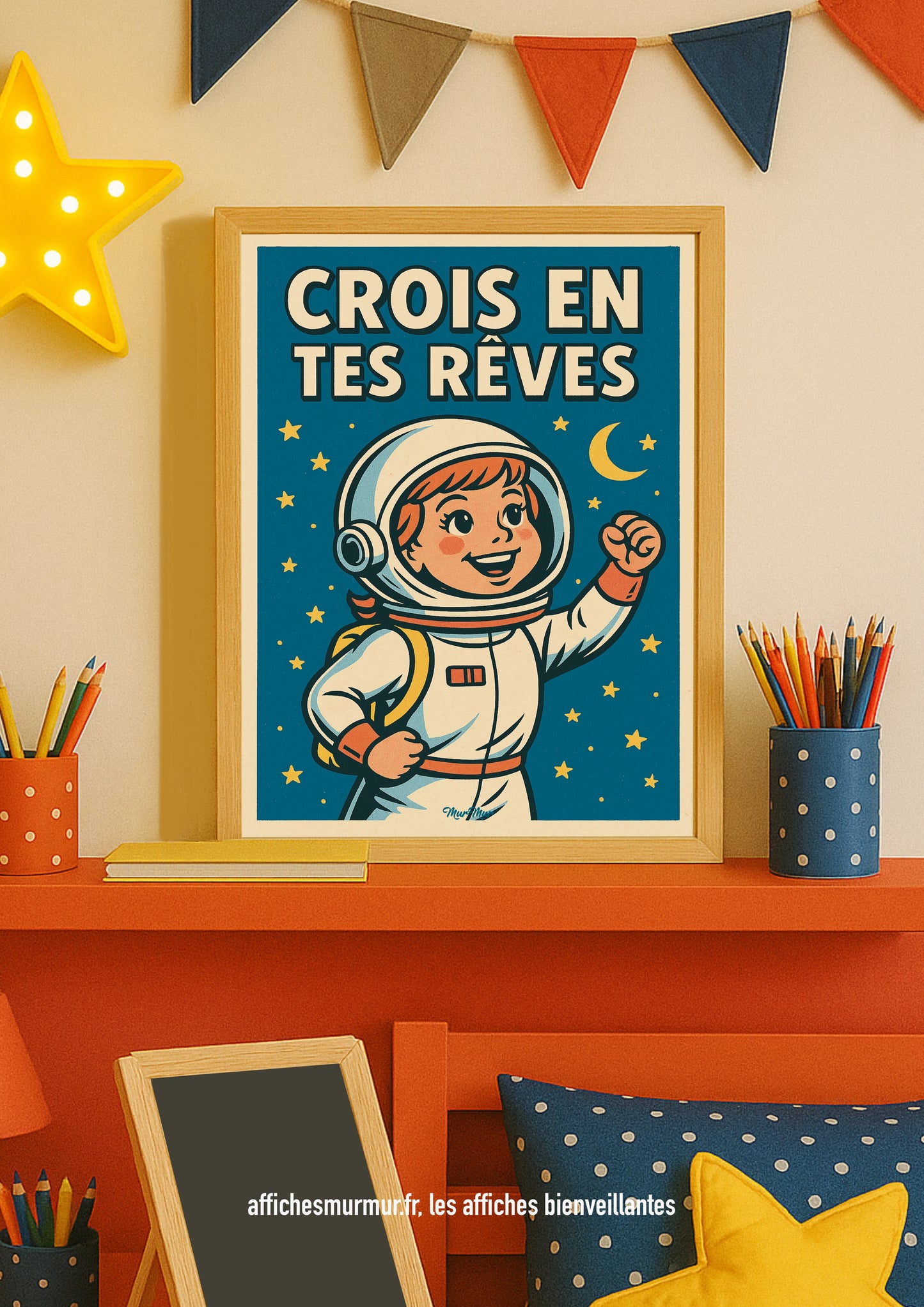 Affiche Vintage pour Enfants – 'Crois en Tes Rêves' avec Petite Fille Astronaute