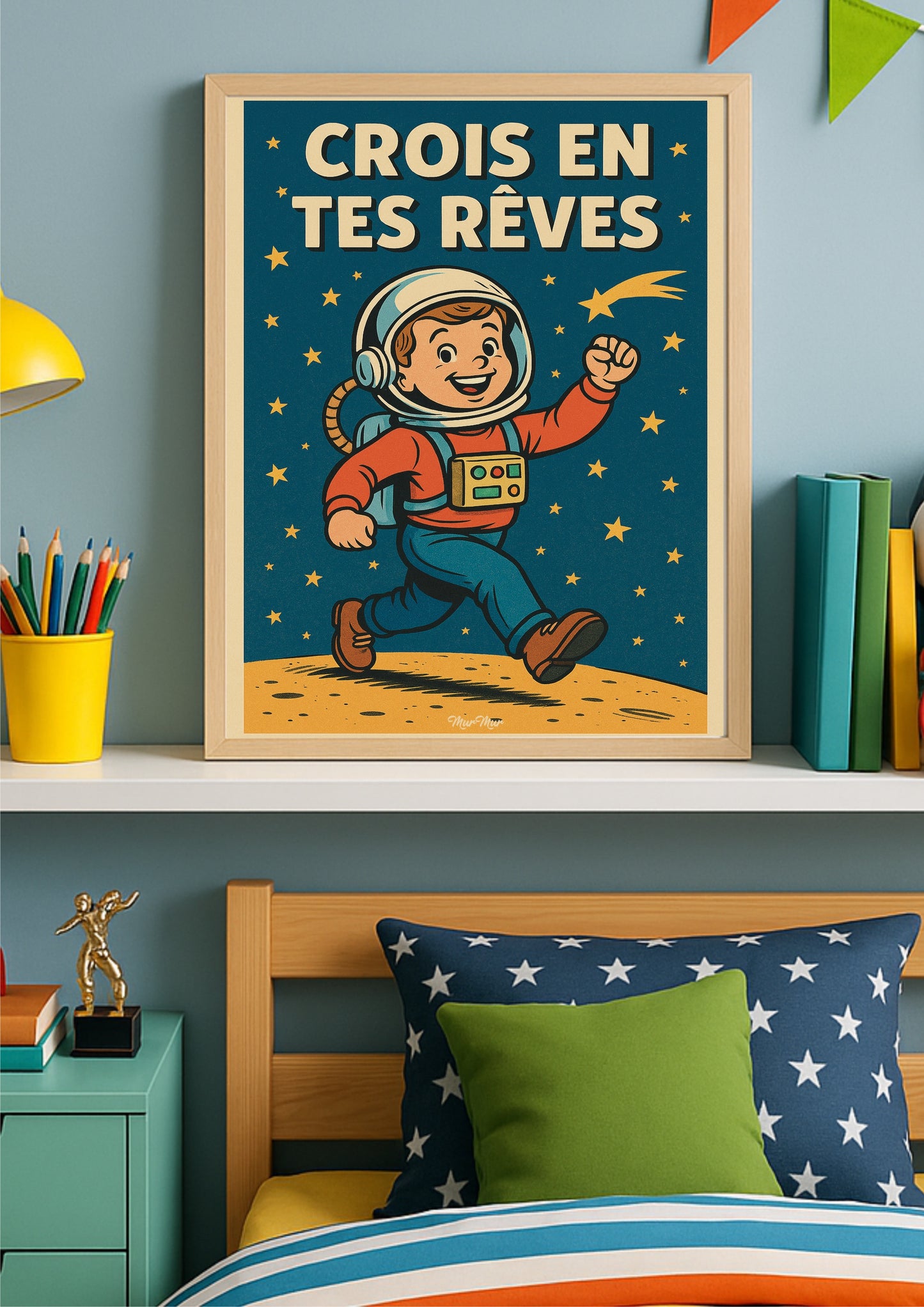 Affiche Vintage pour Enfants – 'Crois en Tes Rêves' avec Petit Garçon Astronaute
