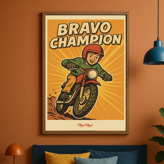 Affiche “Bravo Champion” – Moto en pleine action !