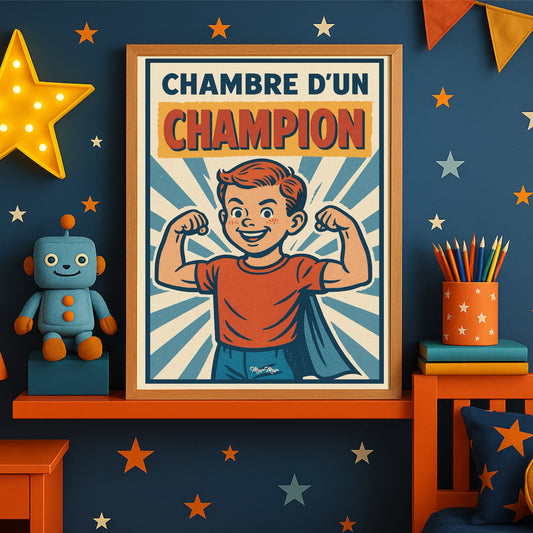 Affiche Vintage Chambre d’Enfant – ‘Chambre d’un Champion’ Style BD Années 50