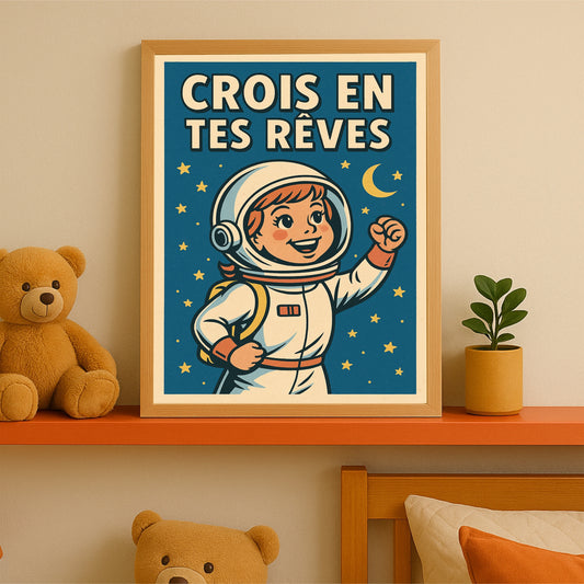 Affiche Vintage pour Enfants – 'Crois en Tes Rêves' avec Petite Fille Astronaute