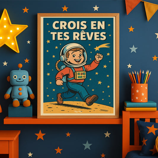 Affiche Vintage pour Enfants – 'Crois en Tes Rêves' avec Petit Garçon Astronaute