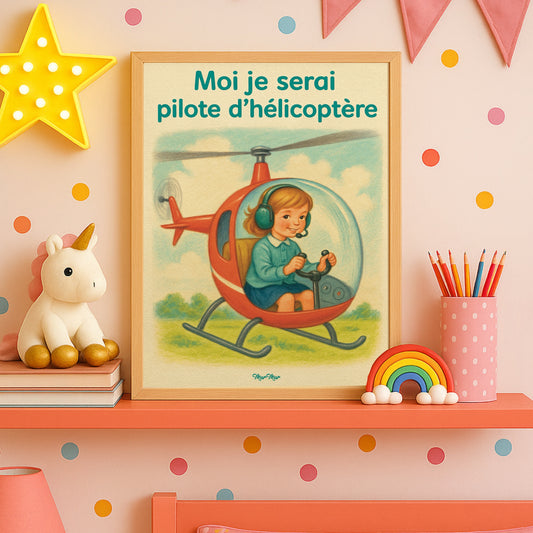 Affiche Vintage « Moi Je Serai Pilote d'Hélicoptère » - Poster pour Petites Filles Rêveuses